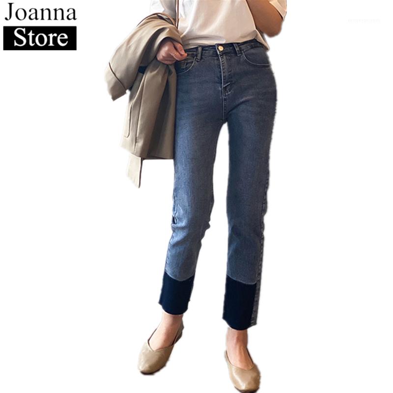 

Spring New Spliced Denim Pants Women High Waist Slim Elastic Force Nine Points Jeans Blue Plus Size Casual Wild Clothes Female1, Gray