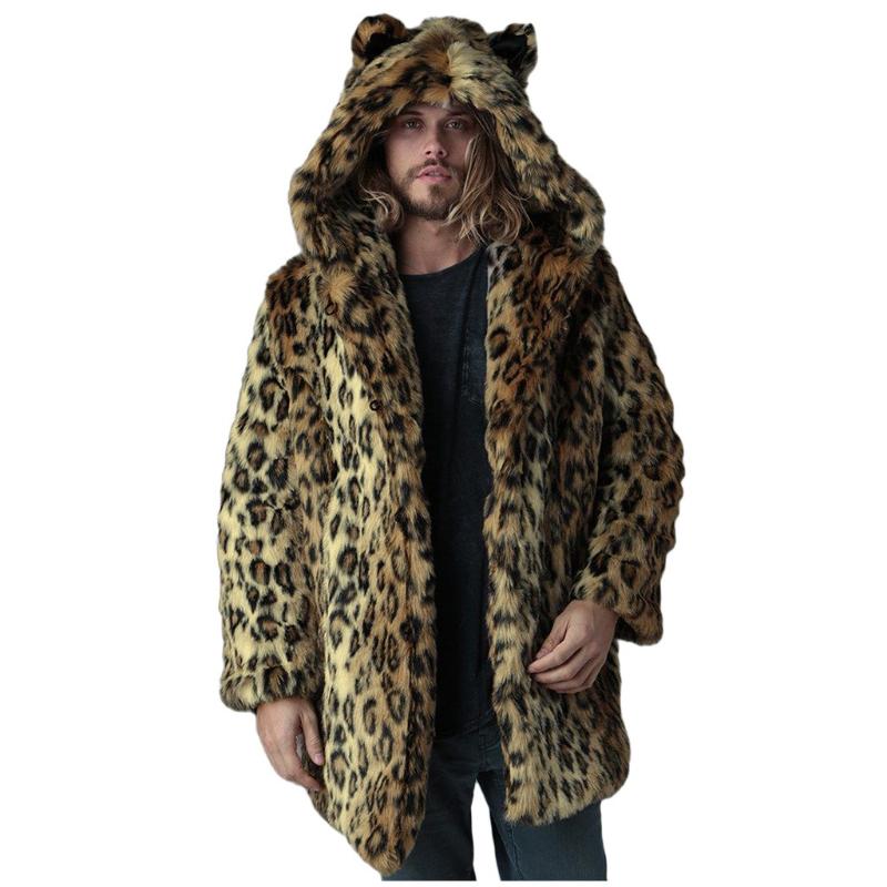 

Luxury Winter Men Long Faux Fur Coat Leopard print coat Mens Warm Leopard Thick Hooded Jacket Faux Fur Outwear Overcoat#g3, Brown