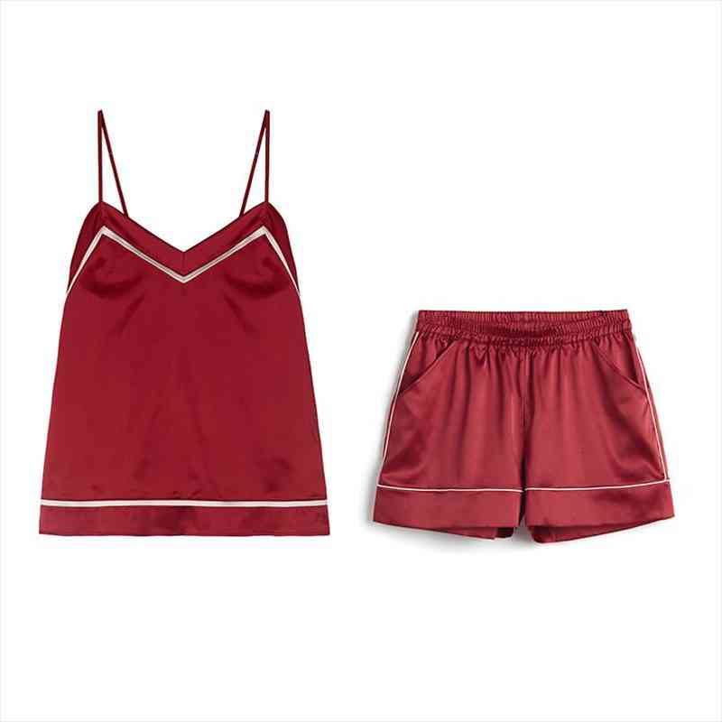 

High Grade Women Sexy Home Clothing Shorts Set V-neck Sleepwear Satin Pajama Female Pajamas Spaghetti Strap Pajama Set, Black;red