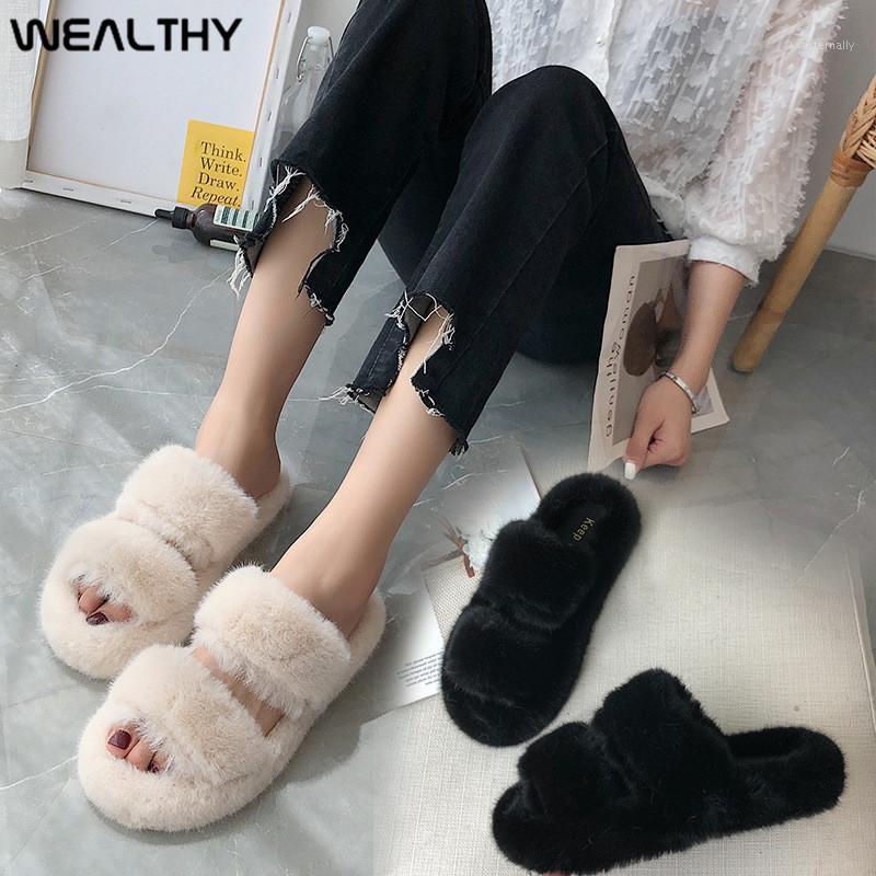 

WEALTHY Women Winter Furry Slippers Korean Fashion Warm Fluffy Fur Shoes Household Cozy Slip on Flat Slides Female Hairy Slipper1, Blue