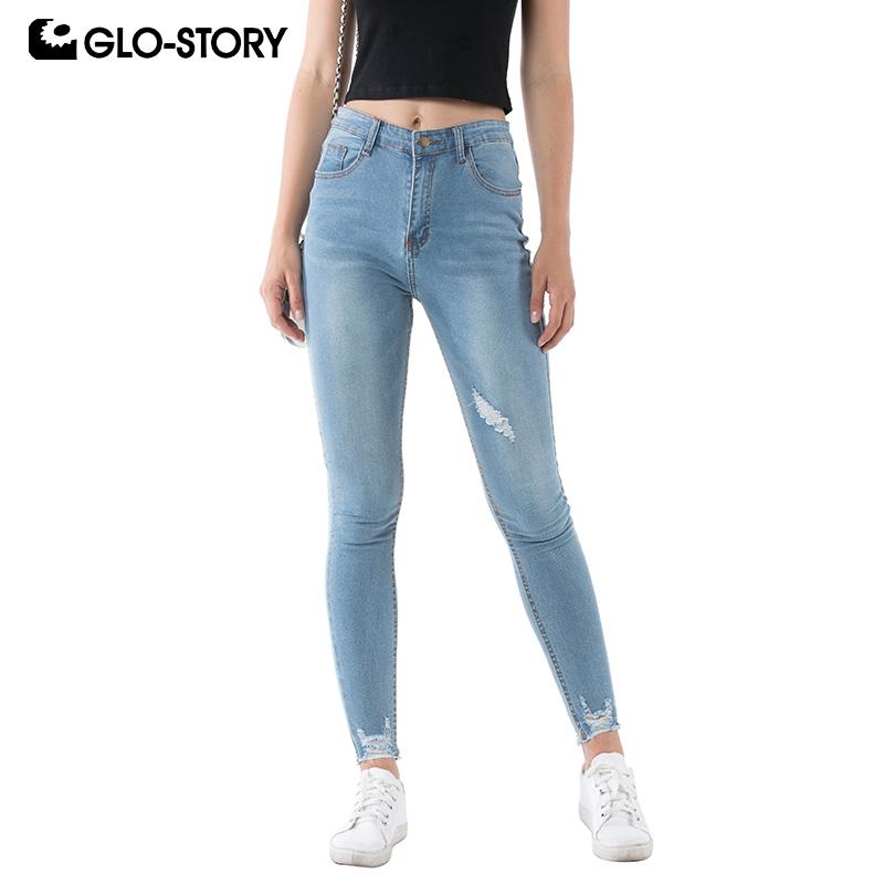 

GLO-STORY European Style Women Ripped Jeans Zipper Pocket Slim Fit Elastic Skinny Pants Casual Bottom fit Female, Blue