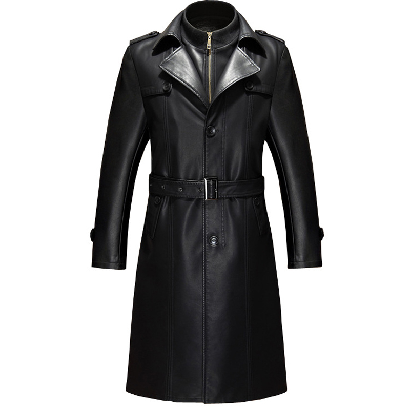 

2021 Jacket New Mode Quality Mens Long Leather Coat Slim Fit Young Men in Male Size 34VA, Black