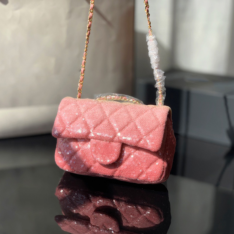 

Mermaid Pink Classic Flap Sequins Designer Quilted Bags France Womens Gold Metal Hardware Crossbdoy Shoudler Outdoor Sacoche Vanity Purse Luxury_handbags 20CM, Box
