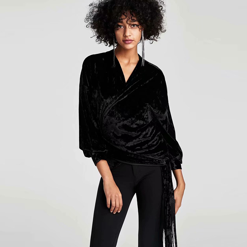 

2021 New Women Spring Autumn Tops Tassel Long-sleeved Top V-neck Pullover Ladies Solid Fashion Outerwear N2xe, Black