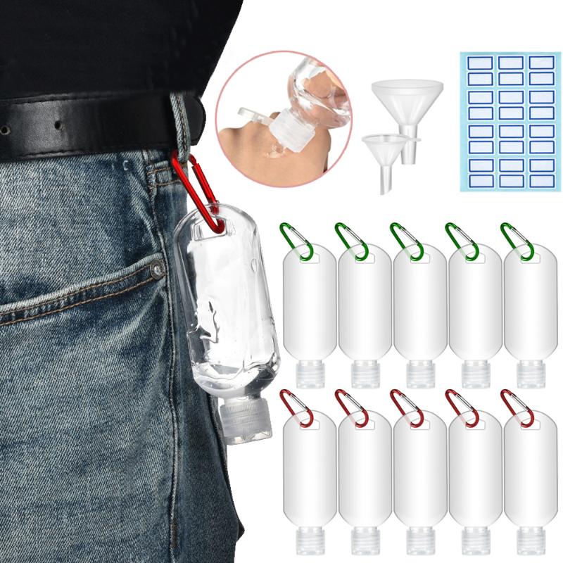

1Set Clear Refillable Gel Bottles With Holder Keychain Buckle Funnels Labels Travel Hand Sanitizer Split Bottles For Children