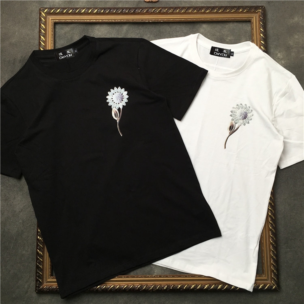 

Men's Short-sleeved T-shirt Left Chest Sunflower Print Women Shirts|streetwear 2191001542 L580, White