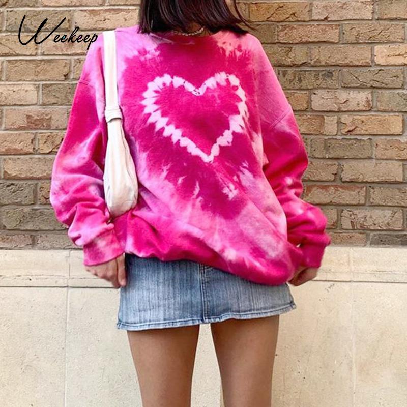 

Weekeep Tie Dye Print Fashion Oversized Sweatshirts Women Autumn Long Sleeve Cut Harajuku Pullovers Loose Casual Sweatshirt 2020, Pink