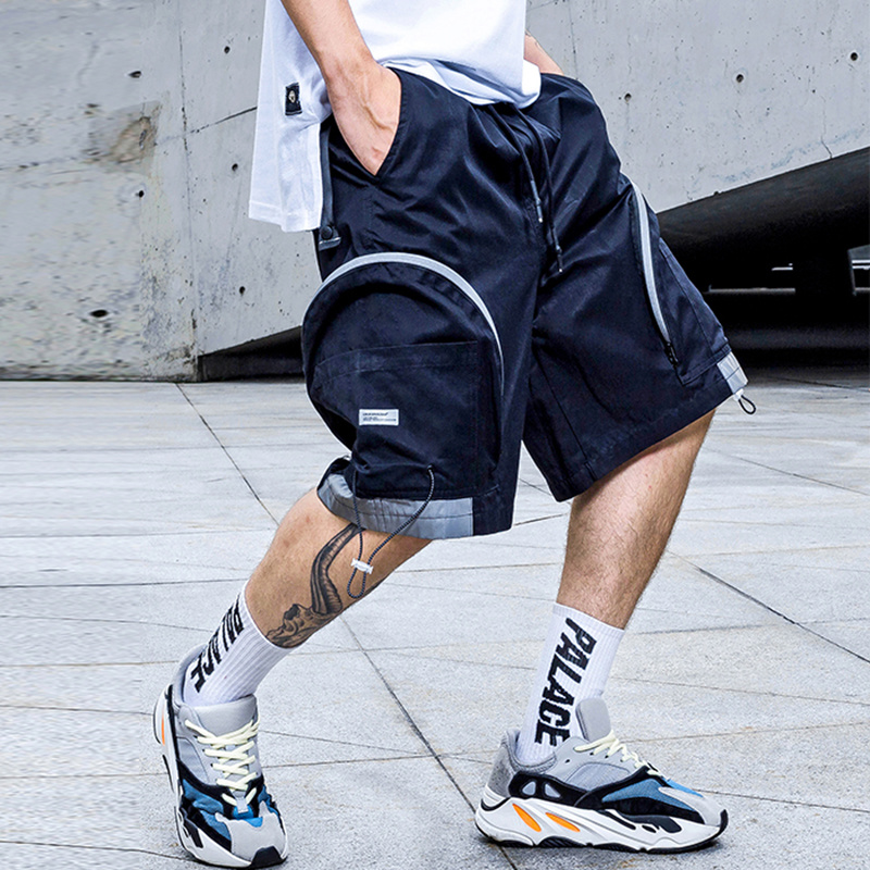 

2020 Men Big Pocket Design Harem Shorts Reflective Striped Jogger Men Fashion Shorts Summer Streetwear Hip Hop Pants, Apricot
