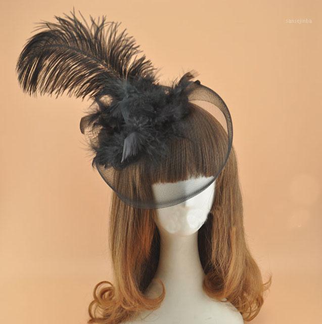 

BIg Gauze Feather Top Fascinator Flower Ornament Women Bridal Veil Stage Performance Hairpin Hat Fascinator Green Yellow PInk1, Black