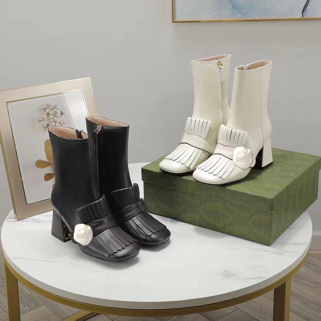 

Hot Sale-Tassel boots woman cowhide zipper Metal buckle designer ankle boot 100% Leather lady High Heels fashion, Extra shoebox