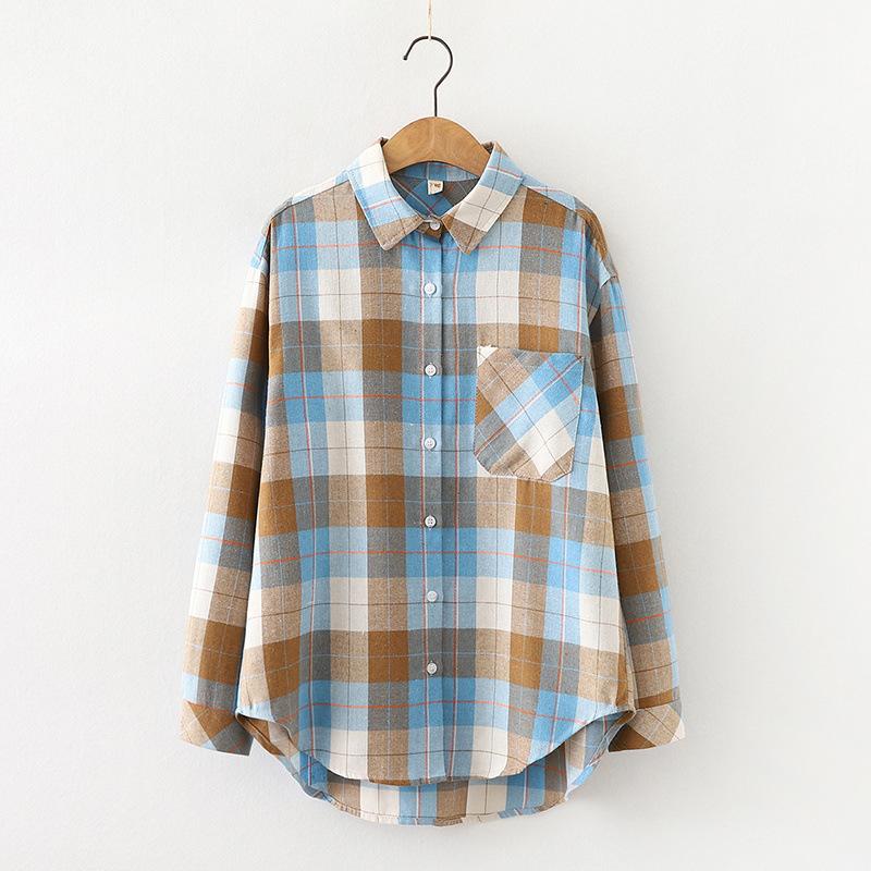 

New Autumn Women Shirts Fashion Chic Cotton Linen Peached Fabric Lapel Long Sleeve Plaid Hit Color Casual Long Blouses for Femme, 01