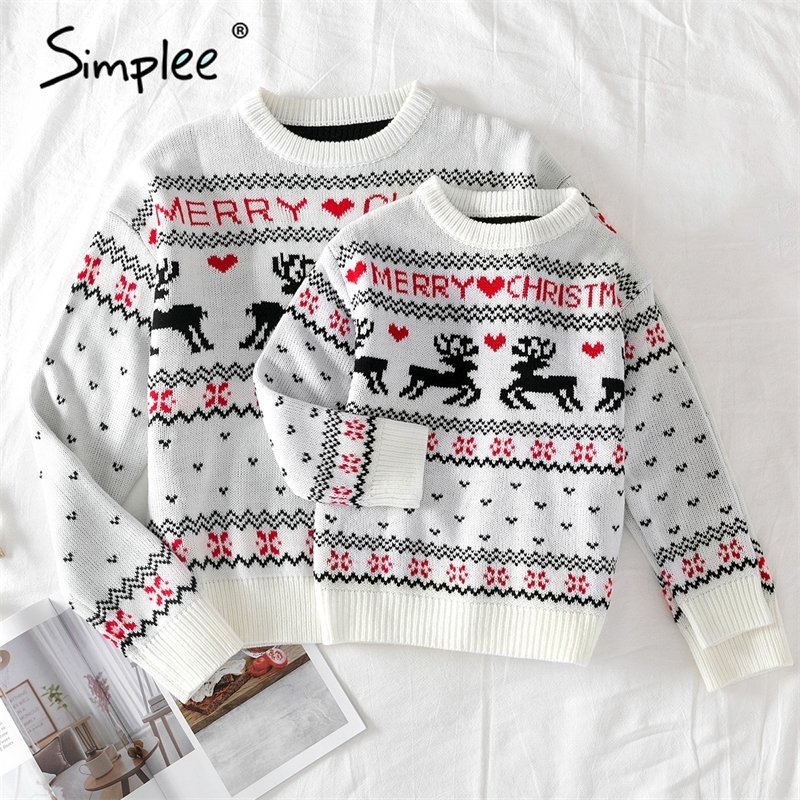 

Simplee O-neck Christmas Sweater Family matching outfits Autumn winter Christmas deer print knitted pullovers New year 201128, Kid white