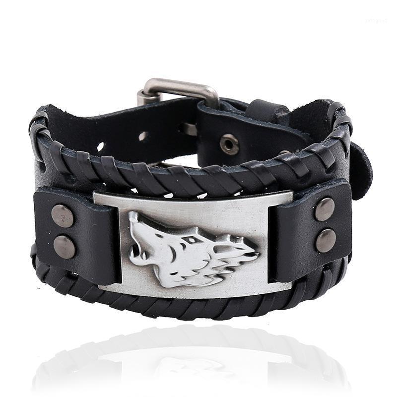 

Charm Bracelets Wolf Head Pattern Wide Wrap Bangle Braided Genuine Leather Bracelet Watch Strap Jewelry Punk Men Pulsera Hombre1