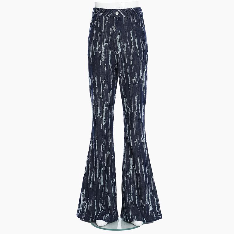 

Women High Waist Flare Jeans Spring Autumn Stretch Ripped Jeans Pants, Deep blue