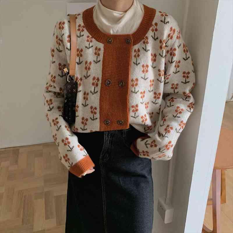 

vintage double breasted flower pattern women sweaters cardigans causal long sleeve woman sweater, White;black