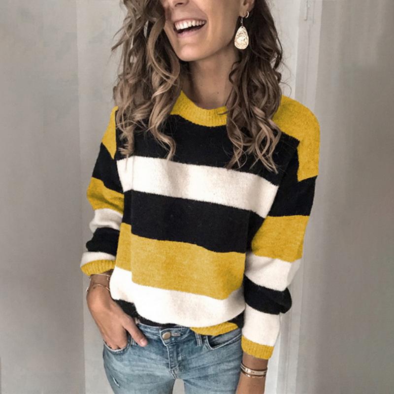 

VS&LLWQ Autumn Winter Warm Women Long Sleeve Sweater O-Neck Pullover Tops Casual Patchwork Knitted Sweater Jumper Pull Femme 3XL