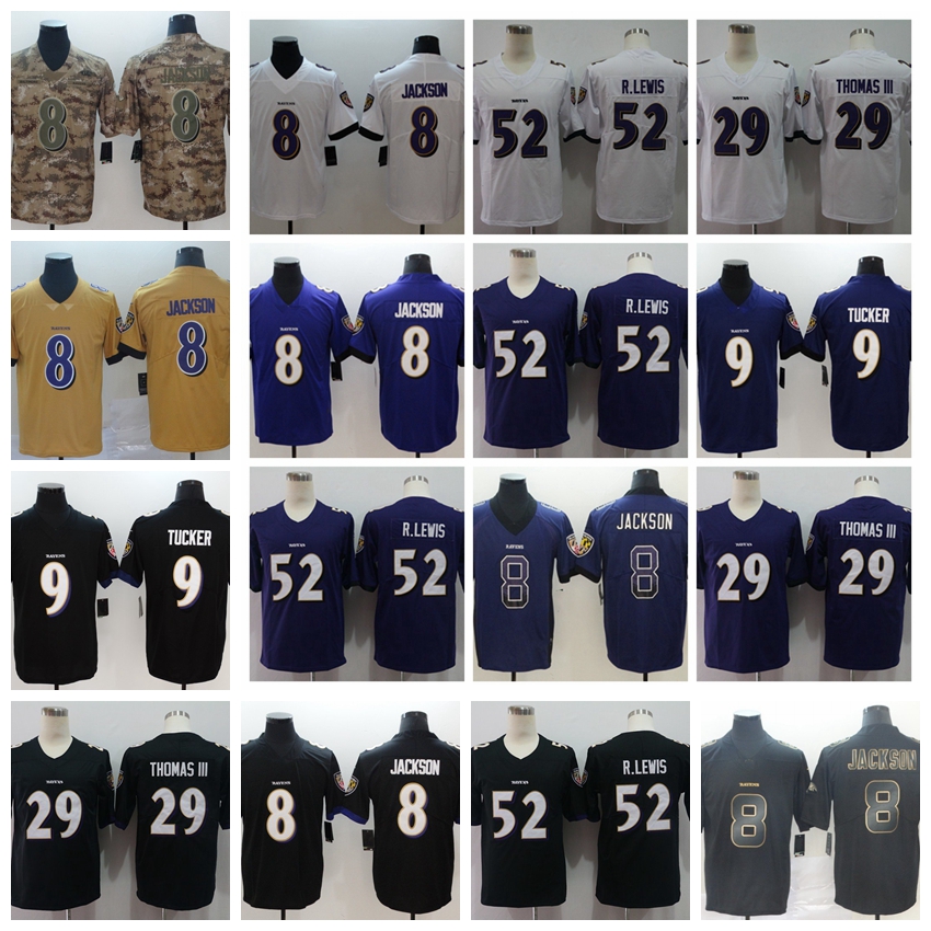 

2021 Baltimore Ravens Mens 8 Lamar Jackson 9 Justin Tucker 29 Earl Thomas III 52 Ray Lewis Inverted Legend Camo Football Jerseys, Black;red