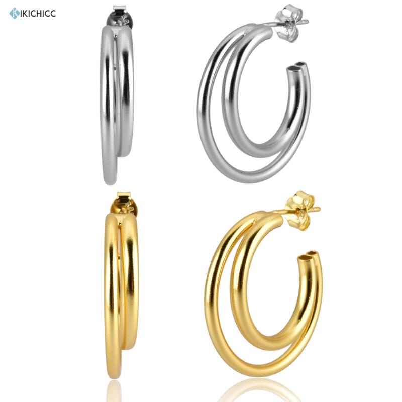

Hoop & Huggie Kikichicc 925 Sterling Silver Double Circle Gold Large Thick Hollow Cross Piercing Earring Pendiente Luxury Rock Punk Party