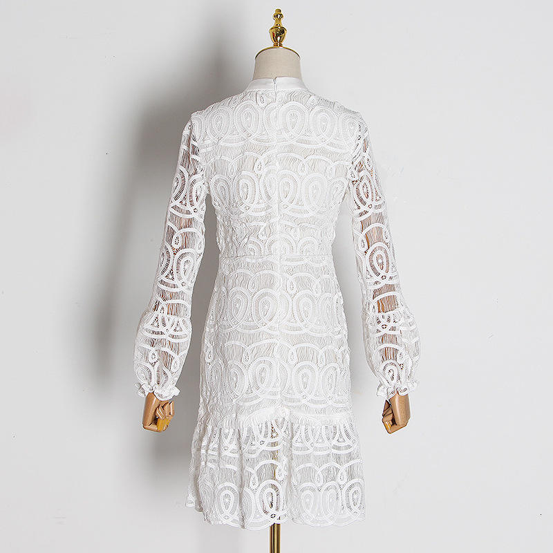 

2021 New White Solid Lantern Neck Support Dressed Lace for Party Runway Designer Vintage Woman Clothes K0pq