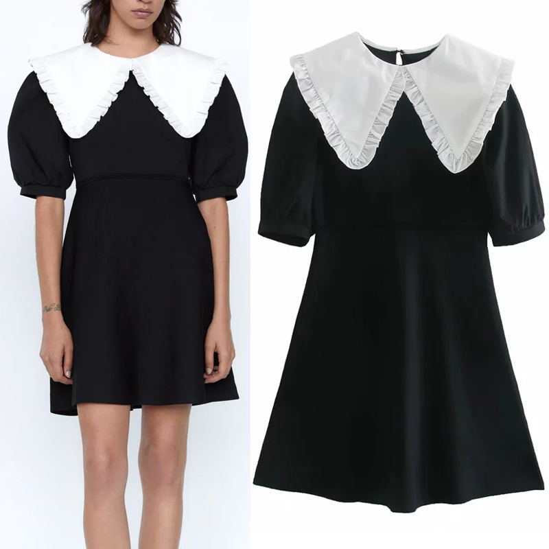 

2021 New Black Patchwork Mini Knitted Women Vintage Contrast Double-layer Collar Short Puff Sleeve Dresses Flared Hem Dress D79d