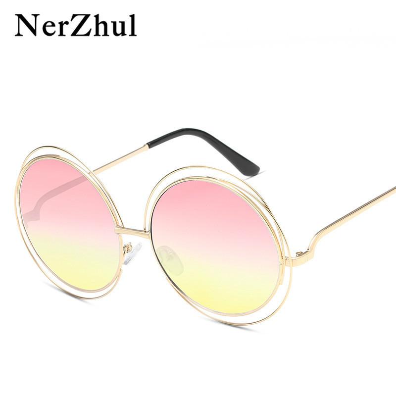 

NerZhul Oversized Women Sunglasses Half Pink Yellow Round Ladies Mirror Glasses Womens Sunglasses Brand Designer