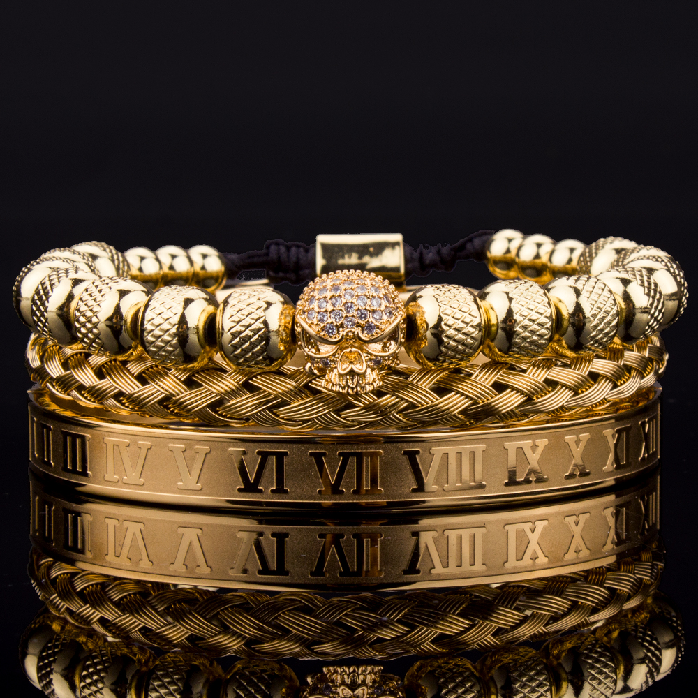 

3pcs Luxury Roman Royal Skull Charm Men Stainless Steel Geometry Pulseiras Open Adjustable Bracelets Couple Jewelry