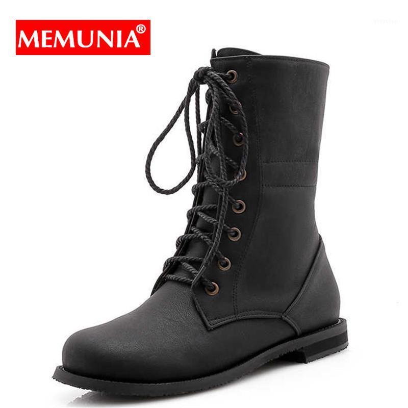 

MEMUNIA Plus size 34-48 lace up boots women flat vintage pu leather fashion mid calf boots autumn winter motorcycle1, Black
