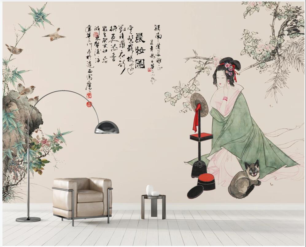 

3d wallpaper custom photo mural Chinese ink morning makeup lady illustration home decor 3d wall murals wallpaper for living room, Non-woven wallpaper
