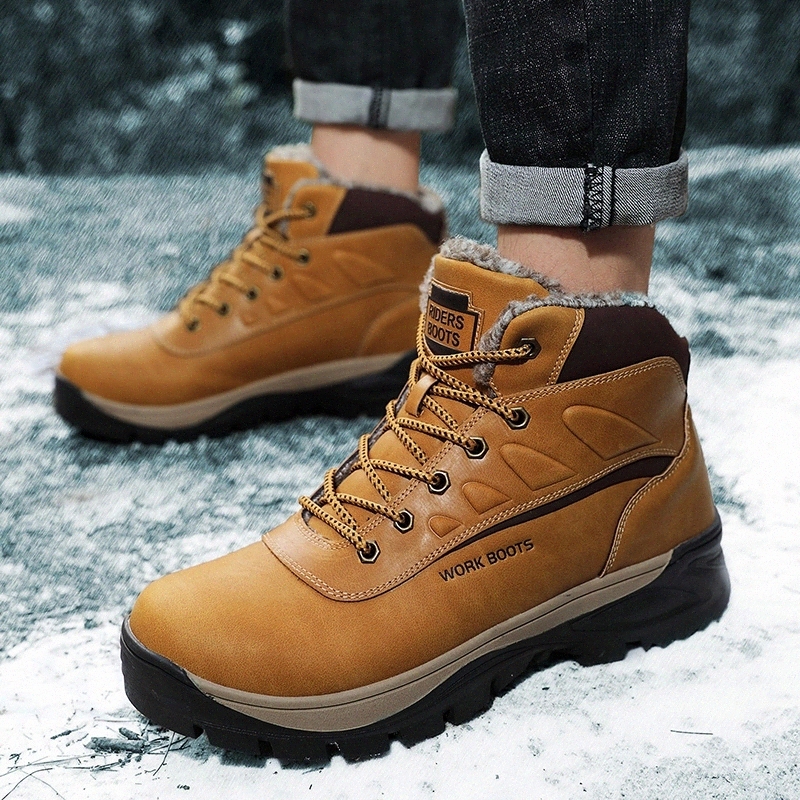 

Leather Men Boots Winter with Fur Warm Snow Boots Men Winter Work Casual Shoes lace up Sneakers High Top Rubber Ankle Boots #Ij4m
