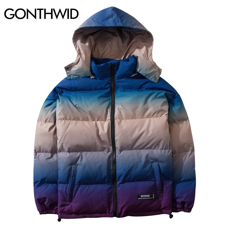 

Hip Hop Gradient Rainbow Removable Hooded Cotton Padded Parka Jackets Streetwear Winter Thick Warm Parkas Coats Outwear, Kg-1