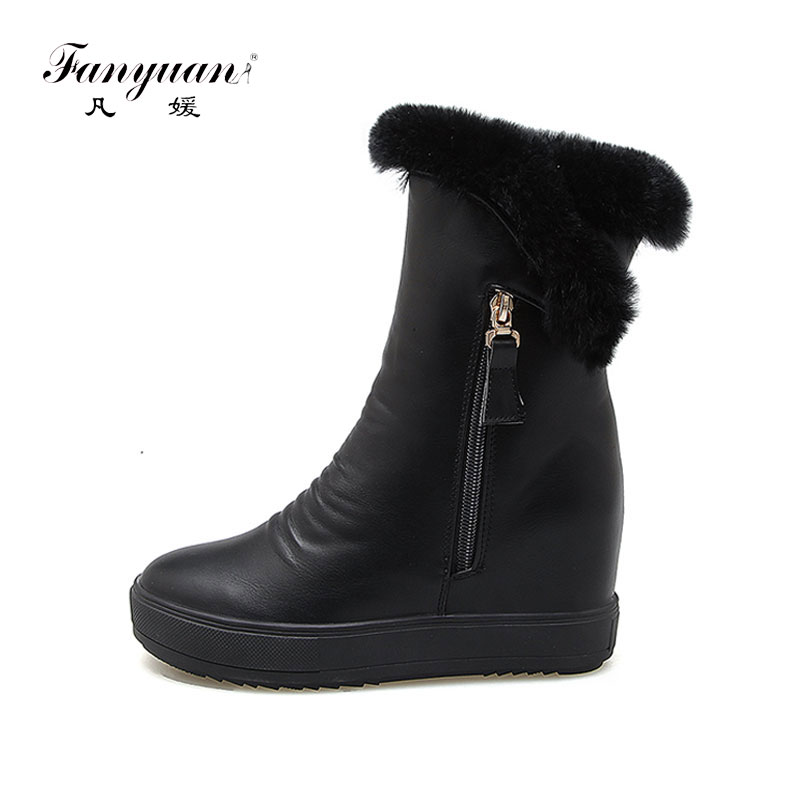 

Fanyuan Solid Warm Plush hair Snow boots women Winter shoes Height Increasing Zipper Platform Mid-Calf Boots Botas Mujer, Black