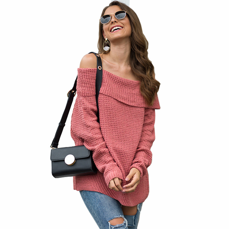 

2021 New Fall knit female sweater dressed in winter casual slash neck sleeve regular pullovers leisure color NBL3, Pink.