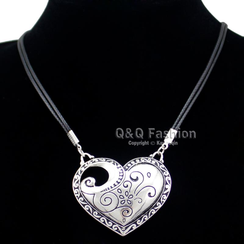

Southwestern Silver Plated Gypsy Ethnic Etched Scroll Heart Pendant Leather Link Chain Choker Collar Necklace