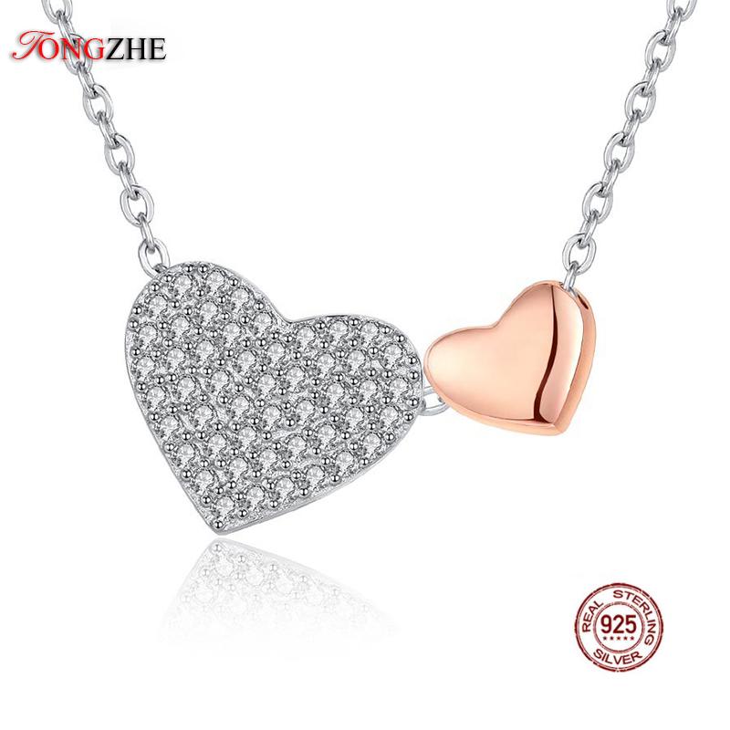 

Chains TONGZHE 925 Sterling Silver Love Heart Necklaces & Pendants Luxury CZ Rose Gold Necklace For Women Fine Jewelry Colar Bijoux