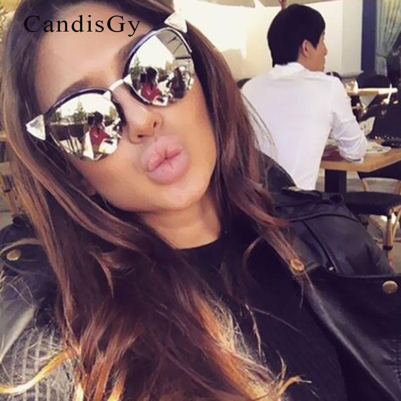 

Cat Eye Rhinestone Vintage Brand Designer Sunglasses Fashion Classic Sun Glasses Mirror Silver Lady Female UV400 Bent Frame
