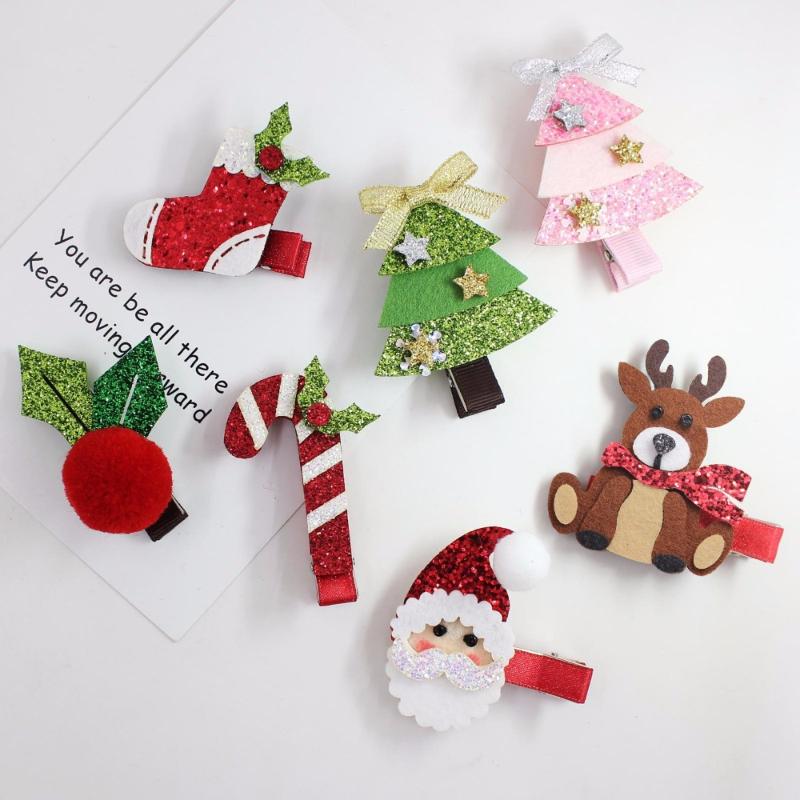 

40pcs Fashion Cute Glitter XMAS Hairpins Felt Reindeer Santa Holly Leaf Candy Cane Tree Hair Clips Girls Princess Party Headwear, Green