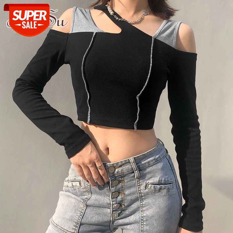 

ArtSu Irregular Harajuku Punk Black T-shirt Women Autumn Off Shoulder Crop Top T Shirt Ladies Casual Patchwork Tee Shirt TS52420 #BS5o, White