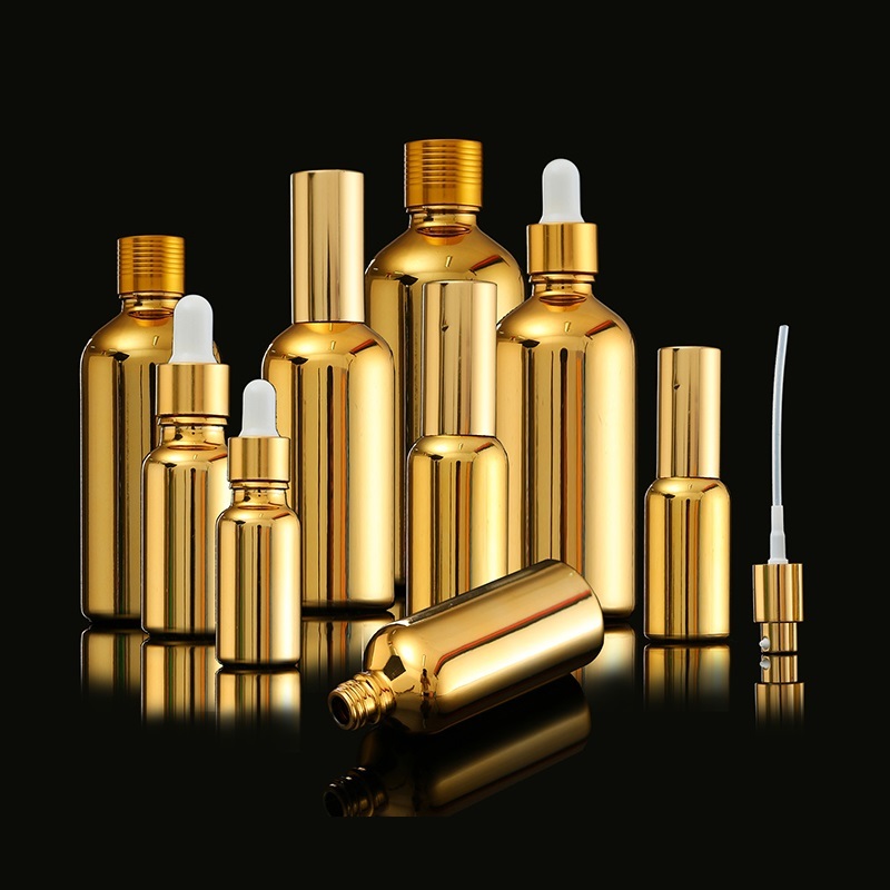 Gold Glass Essential Oil Bottles Vial Cosmetic Serum Packaging Lotion