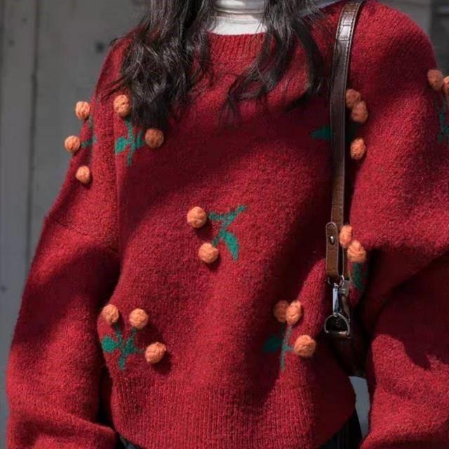 

Winter Sweaters For Women Long Sleeve o Neck Casual Loose Sweet Cherry Knitting Coat Women Outwear Warm Pullovers Sweater, Red
