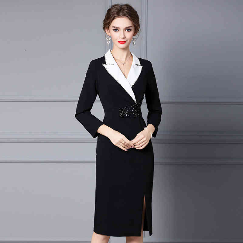 

Casual Dresses Zhili winter dress suit collar Hepburn temperament Nail Drill formal occasion Hip Wrap Skirt EF56, Black