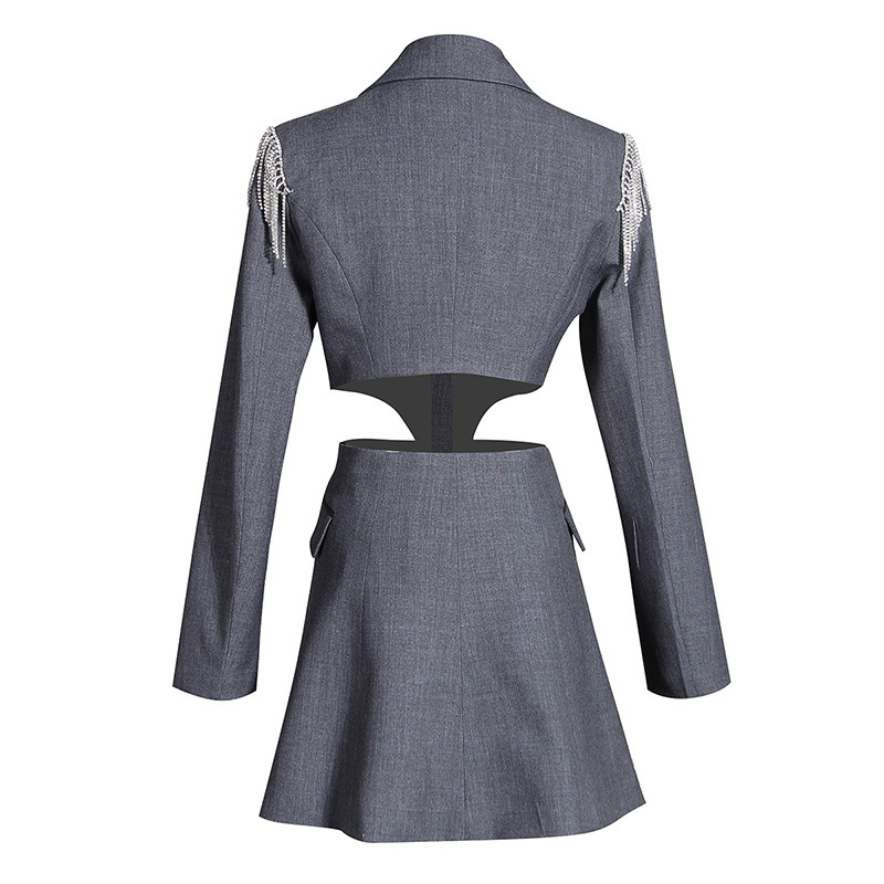

High-end Female Runway Two Blazer Parts Luxury Ladies'free Sexy Diamonds Hollow Out Buttons Etched Collar Long Suits Klht, Gray