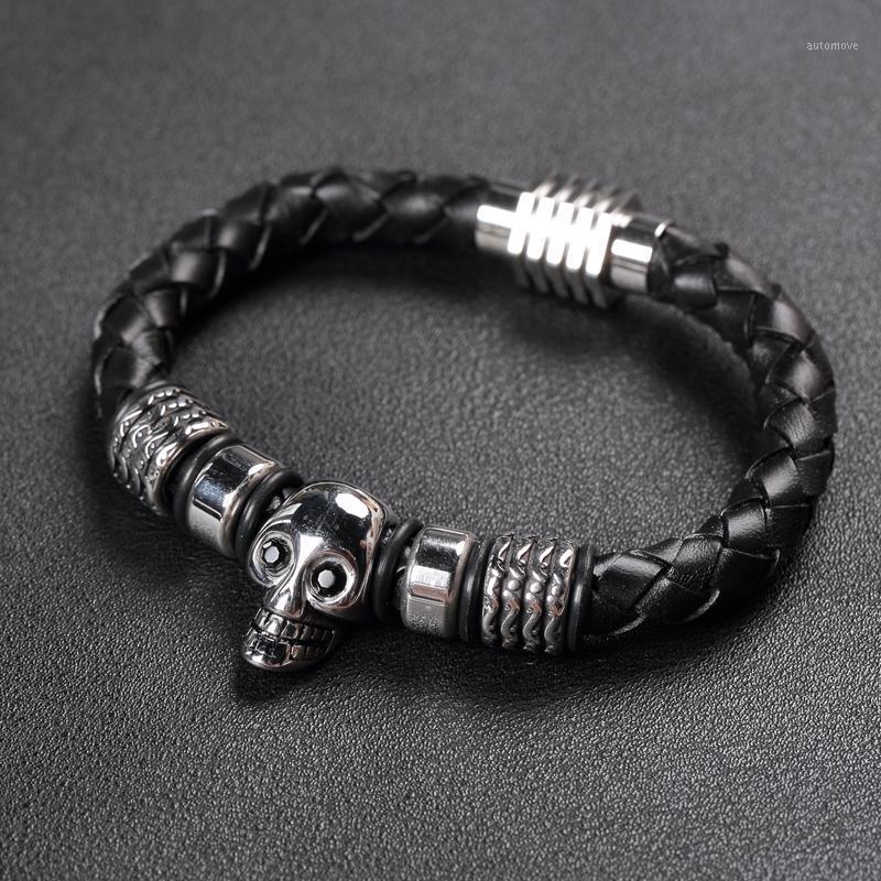 

10pcs/Lot Trendy Black Genuine Braided Leather Bracelets Men Skull Stone Stainless Steel Leather Bracelets&Bangles Men Jewelry1