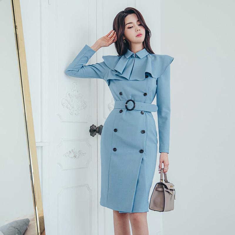

new arrival fashion comfortable formal dress high quality elegant vintage work style slim solid double-breasted pencil dress, Sky blue