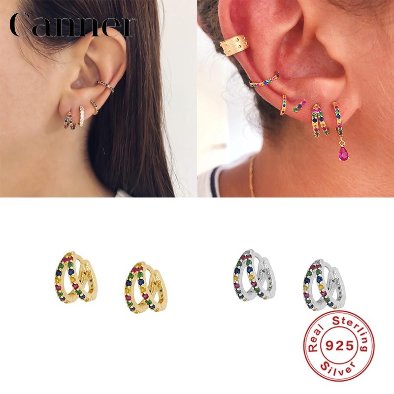 

Hoop & Huggie Real 925 Sterling Silver Earrings Colorful Boho Rainbow Double Circle For Women Fine Jewelry Pendientes W4