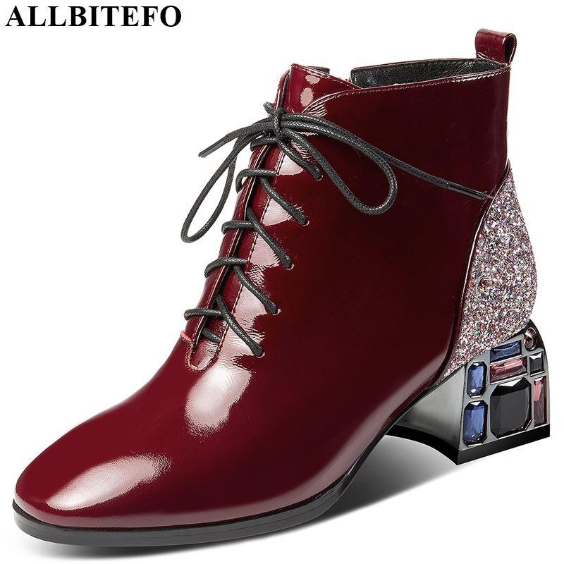 

ALLBITEFO real genuine leather Autumn Winter women boots Crystal heel Square toe ankle boots Frenulum fashion girls, As picture