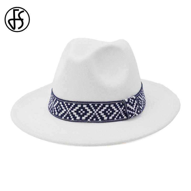 

FS Women Wide Brim Wool Felt Jazz Fedora Hats Panama British Style Men Ladies Trilby Gambler Hat Fashion Party Cowboy Cap, White