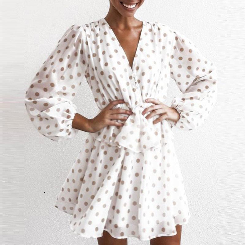 

Elegant Polka Dot See Through Chiffon Vintage Dresses Women Summer Autumn Long Sleeve Beige Beach Party Sundress1, White