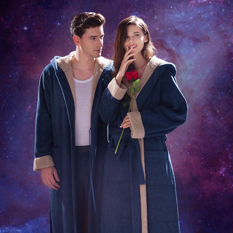 

Men Bathrobes Couples Extra-large Flannel Pajamas Women Autumn/winter Coral Fleece Long Thickened Sleepwear Warm French Pajamas, Blue