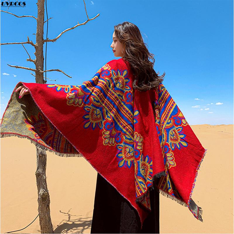 

Retro ethnic wind red flower scarf outdoor warm shawl cape windproof cold lady romantic scarf winter leisure small blanket