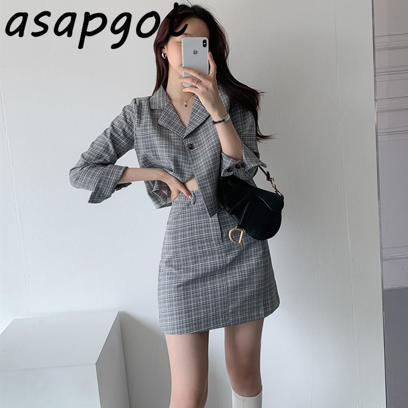 

Korean Chic Autumn Single-breasted Plaid Blazer Coat Short Slim High Waist Skirt Mini Temperament Blazer and Skirt Set Fashion, Grey skirt